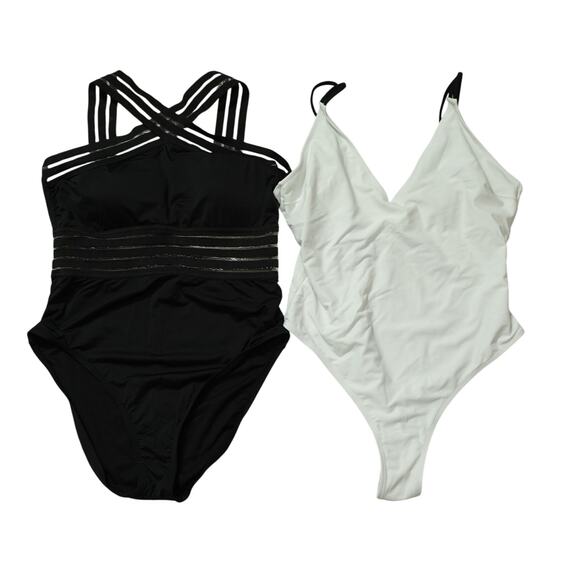 Lot of 2 Womens One Piece Swimsuit Ruched Side Strappy Beach Black White Size L - Picture 1 of 8
